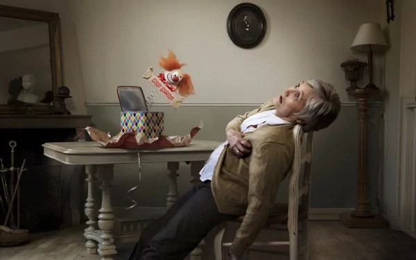 A humorous birthday-themed desktop wallpaper featuring a surprised person leaning back in a chair as a goldfish leaps from a colorful gift box, creating a lighthearted atmosphere.