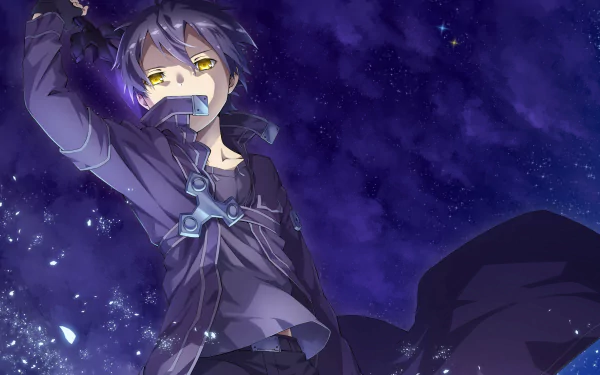 HD PC desktop wallpaper featuring Kirito from the anime Sword Art Online, set against a starry night sky with dark, moody tones.