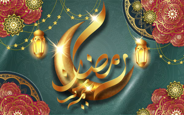 2K Quad HD religious Ramadan desktop wallpaper: gold Arabic Ramadan Kareem calligraphy with glowing lanterns, stars and intricate floral mandalas on a teal background.