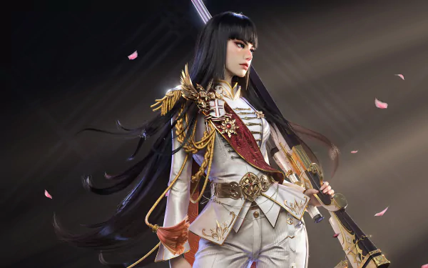 A 4K Ultra HD sci-fi wallpaper featuring a confident woman warrior in futuristic armor, holding a weapon with petals floating around her.