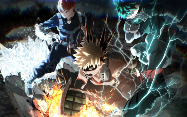 An 8K Ultra HD My Hero Academia wallpaper featuring Shoto Todoroki, Katsuki Bakugou, and Izuku Midoriya in dynamic action poses with elemental effects.