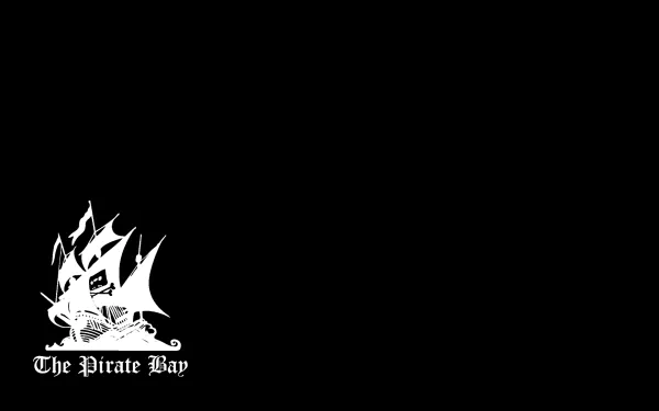 HD desktop wallpaper featuring a white pirate ship with the words The Pirate Bay on a black background, tagged with pirate ship, pirate, technology, and hacker.