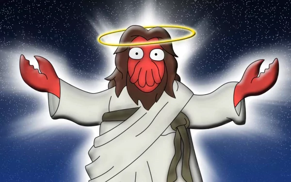 Zoidberg from Futurama depicted as a haloed figure in a celestial background, blending humor and iconic imagery from the TV show. This HD wallpaper showcases a unique interpretation of the character.