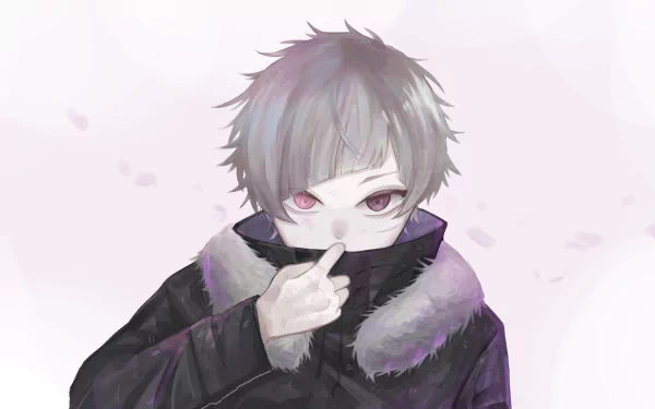 Atsushi Nakajima (Bungou Stray Dogs) — anime HD PC wallpaper: ash-gray hair, pink-lilac eyes, fur-collared dark coat, hand to mouth, soft pastel background with drifting petals.