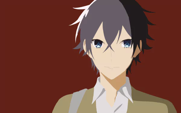 Minimalist anime portrait of Izumi Miyamura (Hori‑san to Miyamura‑kun) against a deep red field — 5K Ultra HD PC desktop wallpaper with flat-color minimalist style.