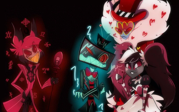 HD PC desktop wallpaper featuring Vox, Velvet, Valentino, and Alastor from the TV show Hazbin Hotel in a vibrant, stylized design.