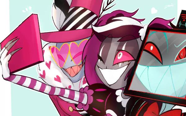 HD desktop wallpaper featuring Vox, Velvet, and Valentino from the TV show Hazbin Hotel in a vibrant and dynamic style.