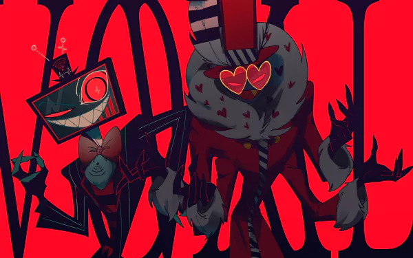 2K Quad HD PC wallpaper of Hazbin Hotel (TV): stylized red-black scene featuring Vox's TV-head and Valentino with heart-shaped glasses, long limbs and looming shadows.