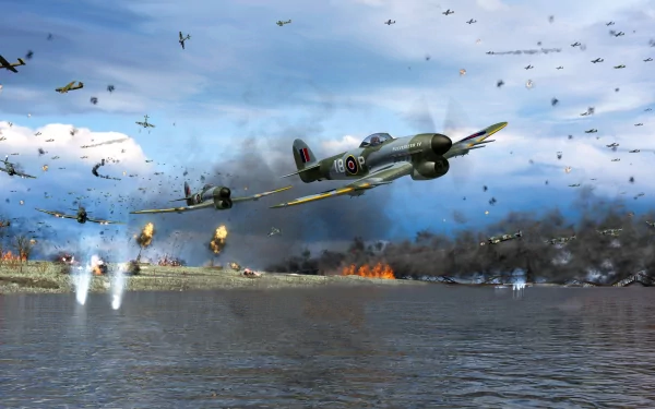 HD PC desktop wallpaper of intense aerial combat featuring vintage planes from the video game World of Warplanes over a smoky battlefield near water.