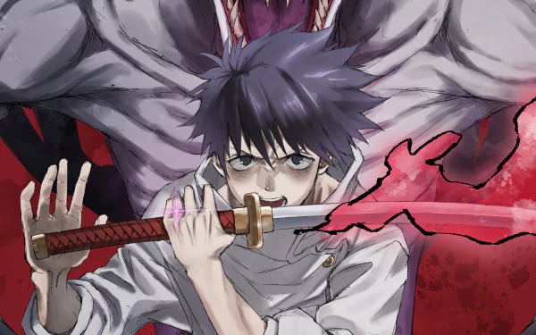 HD PC desktop wallpaper featuring Yuta Okkotsu from the anime Jujutsu Kaisen 0, gripping a sword with a fierce expression and a monstrous figure behind him.