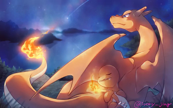HD PC desktop wallpaper featuring anime-style Pokémon Charmander and Charizard against a starry night sky with a serene landscape backdrop.