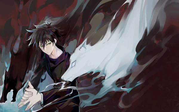 Megumi Fushiguro from Jujutsu Kaisen depicted with a dynamic dark and white wolf spirit aura in this 4K Ultra HD anime desktop wallpaper.