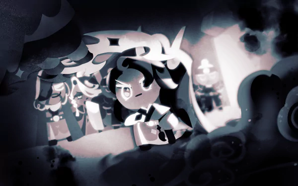 HD PC desktop wallpaper of Caramel Arrow Cookie from the video game COOKIE RUN: KINGDOM, stylized monochrome scene of the archer cookie aiming amid swirling clouds and fellow cookies.