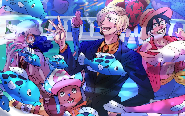 HD anime wallpaper featuring Tony Tony Chopper and Sanji from One Piece, surrounded by colorful fish in an underwater-themed scene.