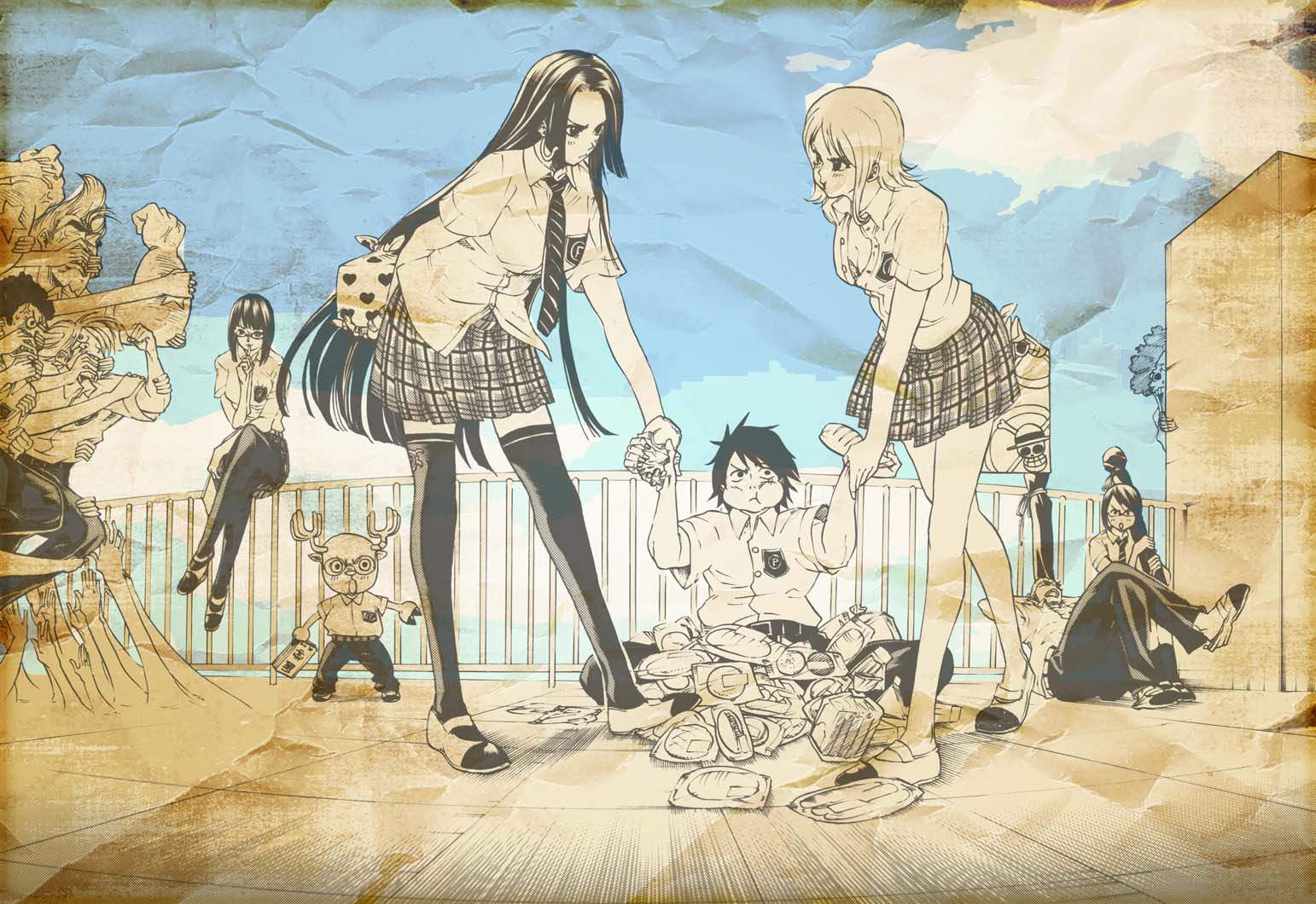 One Piece characters gathered together against a vibrant backdrop.