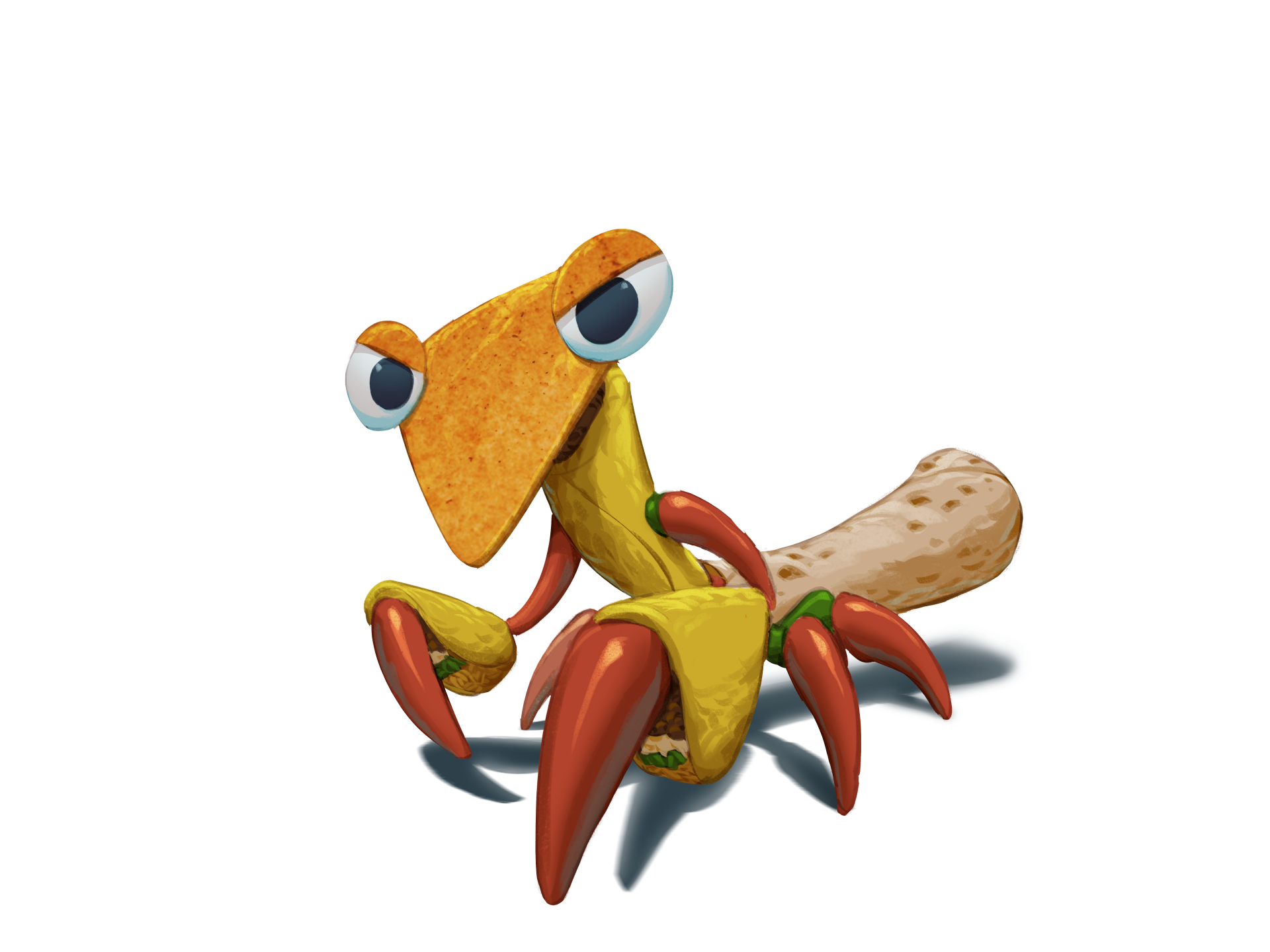 8K Ultra HD PC desktop wallpaper/background of a Bugsnax video game creature — a colorful crab-like snack with a tortilla-chip face and red claw legs on a white background.