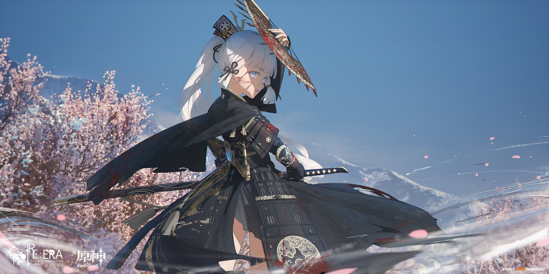 HD wallpaper and background featuring Kamisato Ayaka from the video game Genshin Impact, showcasing her in an elegant pose with vibrant cherry blossoms in the background.