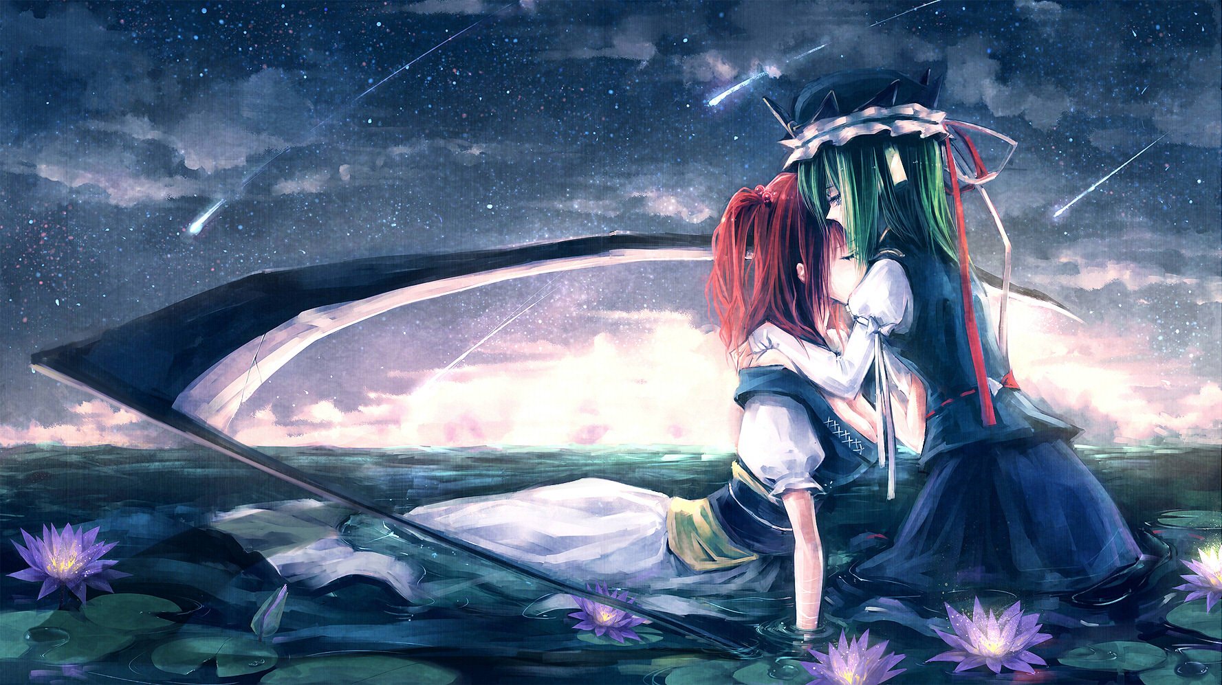 A serene anime scene featuring Komachi Onozuka and Eiki Shiki surrounded by lily pads under a starry sky, capturing an intimate moment in the Touhou universe. HD desktop wallpaper.