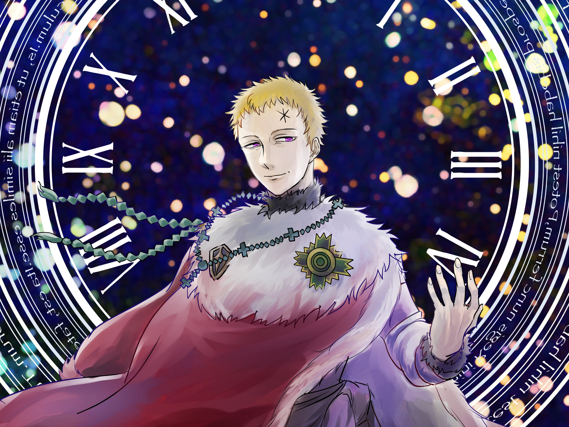 HD PC desktop wallpaper featuring Julius Novachrono from the anime Black Clover, surrounded by a glowing, mystical clock and vibrant light orbs.