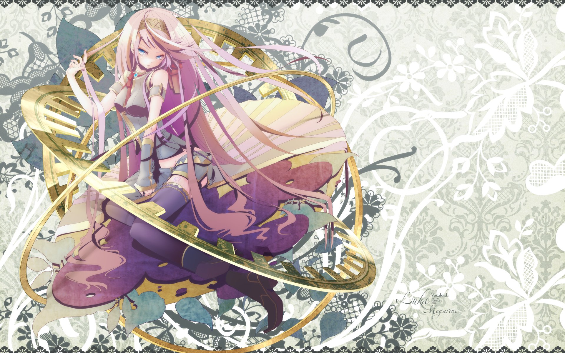 HD PC desktop wallpaper featuring Luka Megurine, the anime-style Vocaloid character, surrounded by golden rings and a floral patterned background.