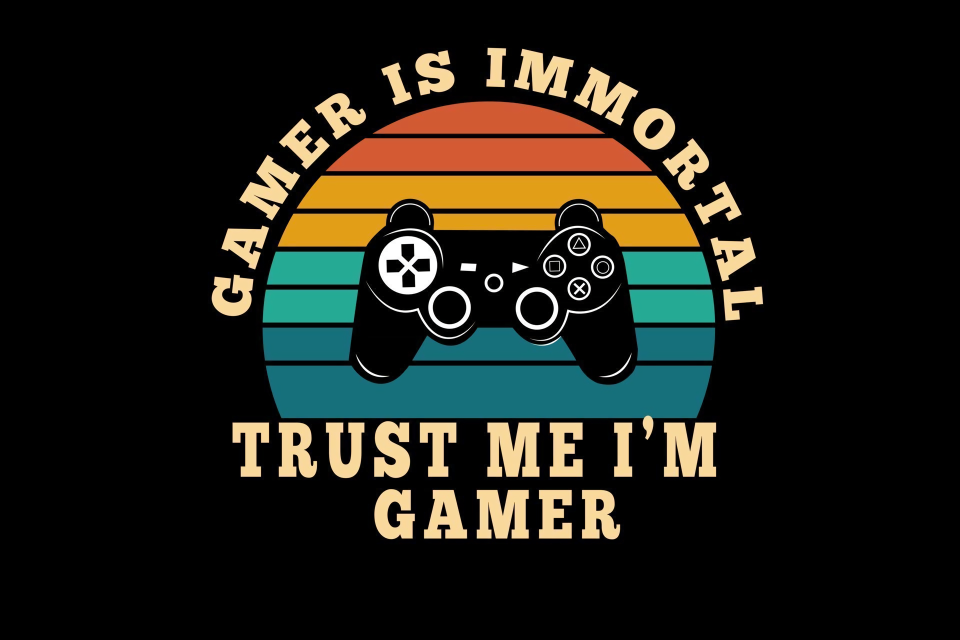 HD PC desktop wallpaper featuring a retro-style game controller with the phrase Gamer is immortal, trust me I'm gamer in bold vintage text on a colorful striped background.