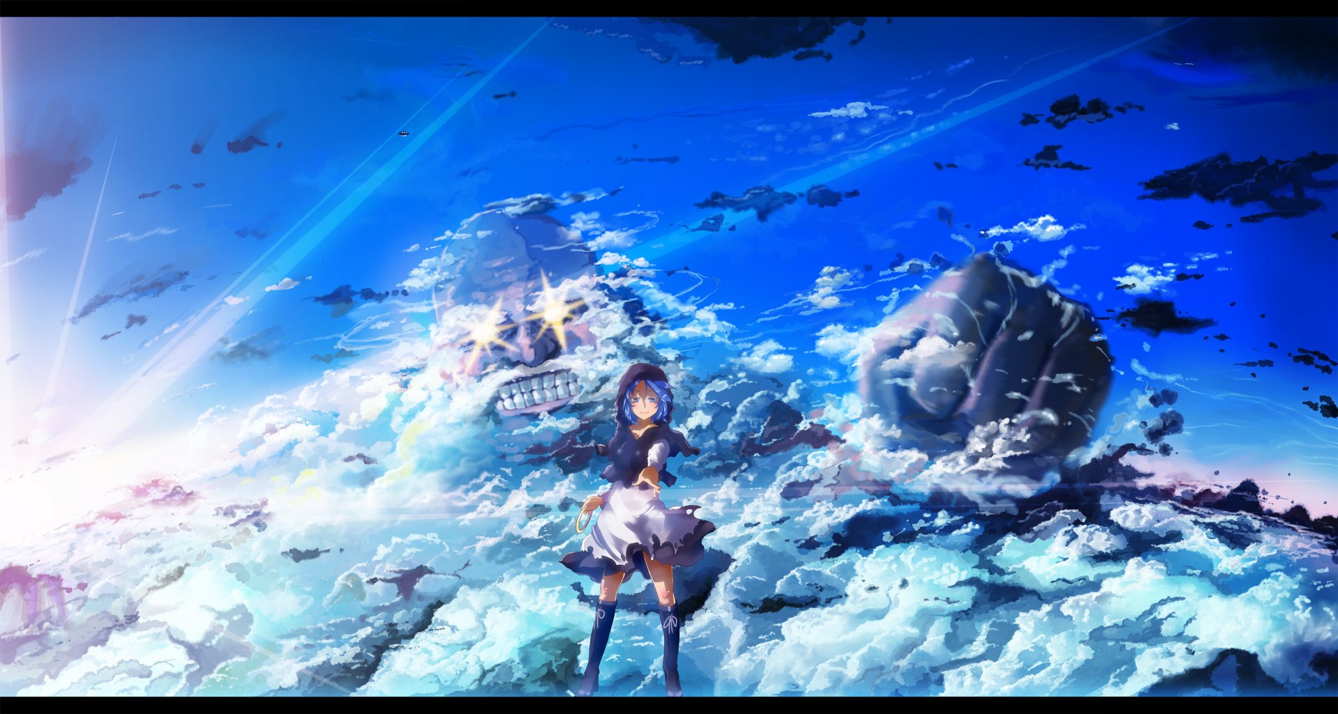 HD PC desktop wallpaper featuring Unzan and Ichirin Kumoi from the Touhou anime series against a vibrant sky with clouds and floating stone masks.