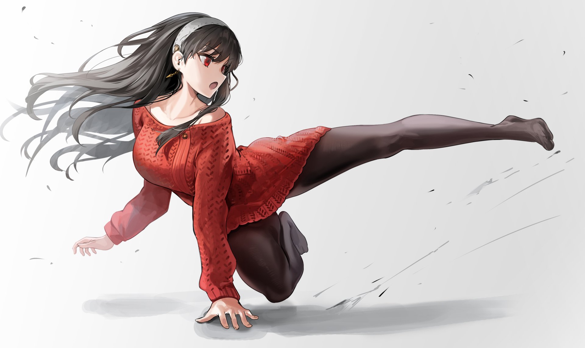 HD desktop wallpaper of Yor Forger from the anime Spy x Family, showcasing her in an action pose, wearing a red dress and black tights against a white background.