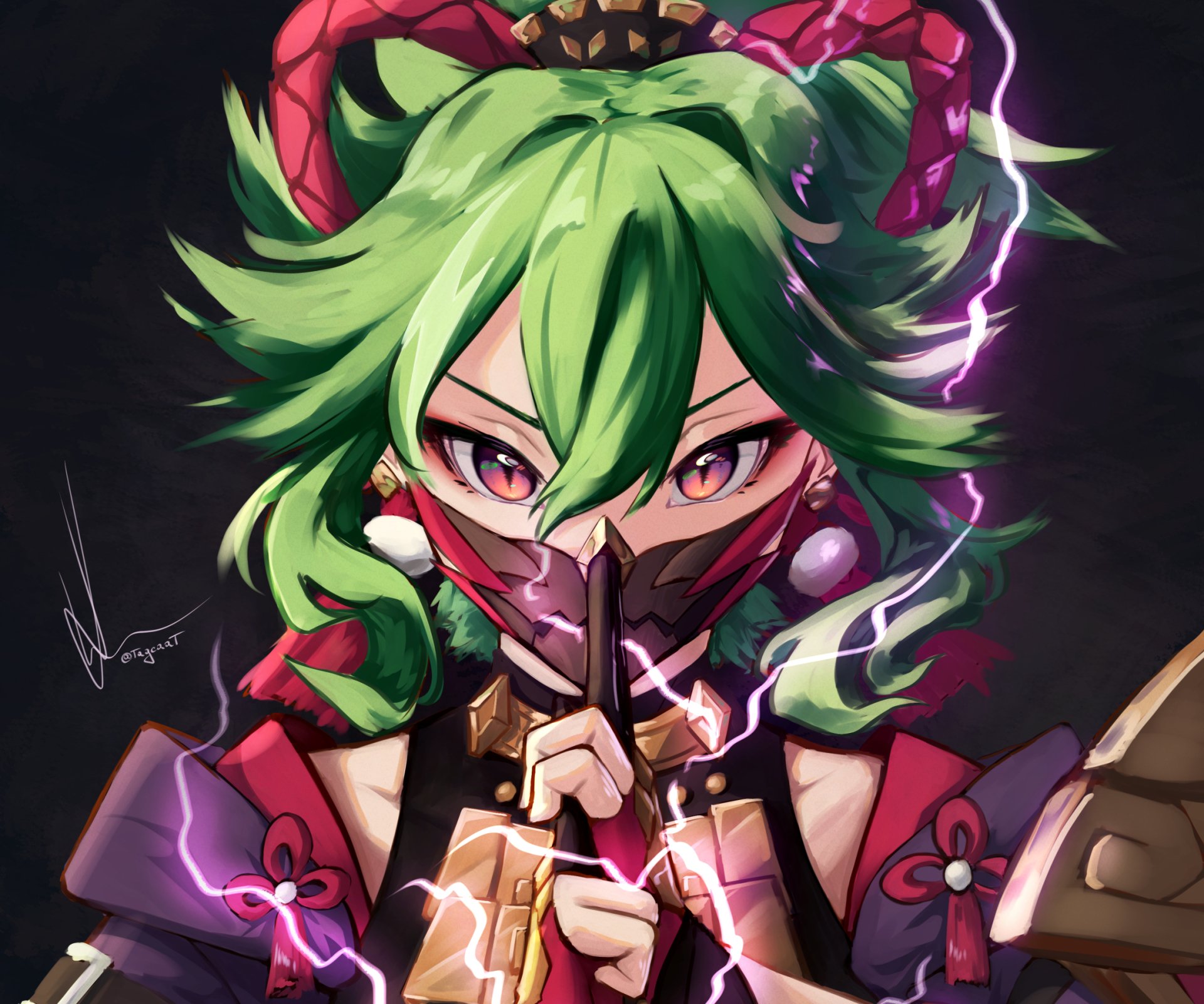 HD PC desktop wallpaper featuring Kuki Shinobu from the video game Genshin Impact, showcasing her striking green hair, intense eyes, and electrifying energy.