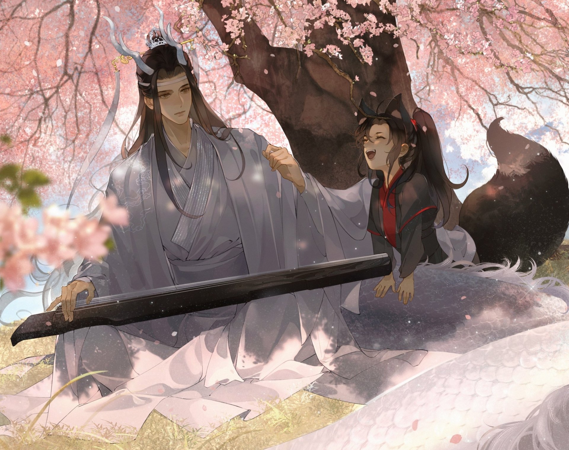 Anime-style HD desktop wallpaper featuring Wei Wuxian and Lan Wangji from Mo Dao Zu Shi, beneath cherry blossoms with expressive and serene moments.