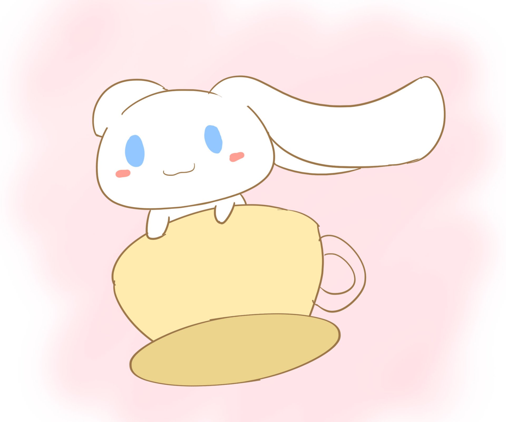 Anime-style HD PC desktop wallpaper featuring Cinnamoroll with a soft pink background, resting atop a yellow teacup.