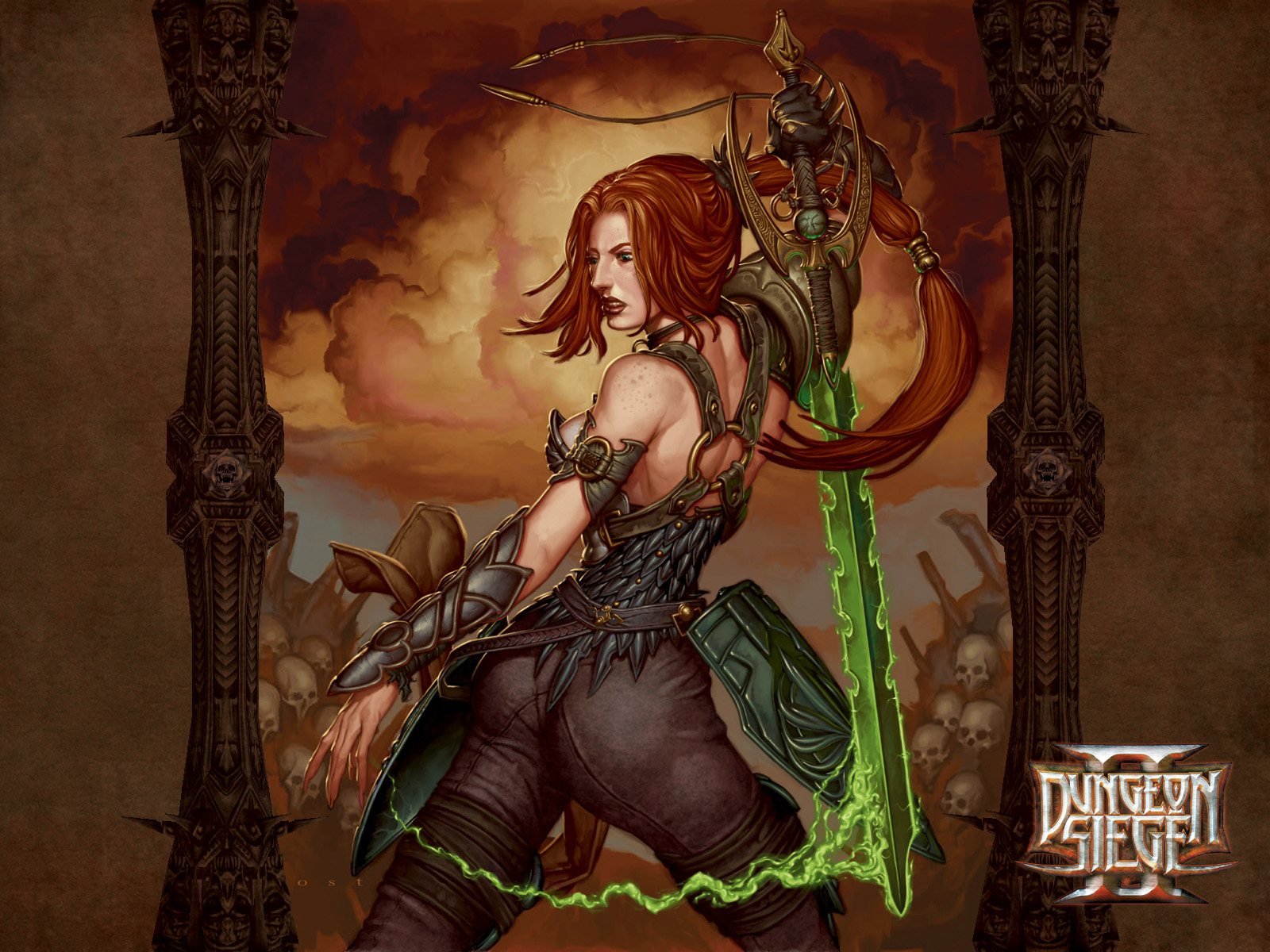 HD PC desktop wallpaper featuring a fierce female warrior from the video game Dungeon Siege II, wielding a glowing green sword against a fiery, skull-filled backdrop.