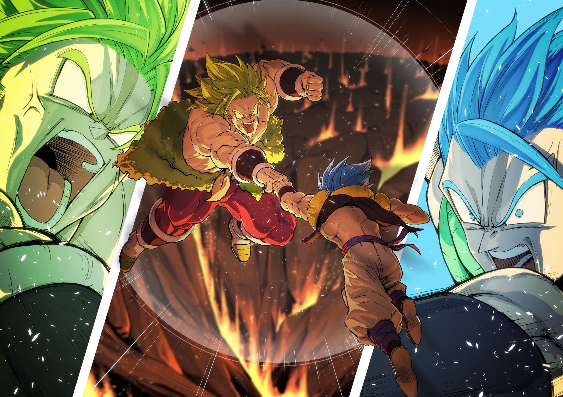 High-energy 4K Ultra HD wallpaper featuring Super Saiyan God Broly and Super Saiyan Blue Gogeta from Dragon Ball Super: Broly in dynamic battle poses.