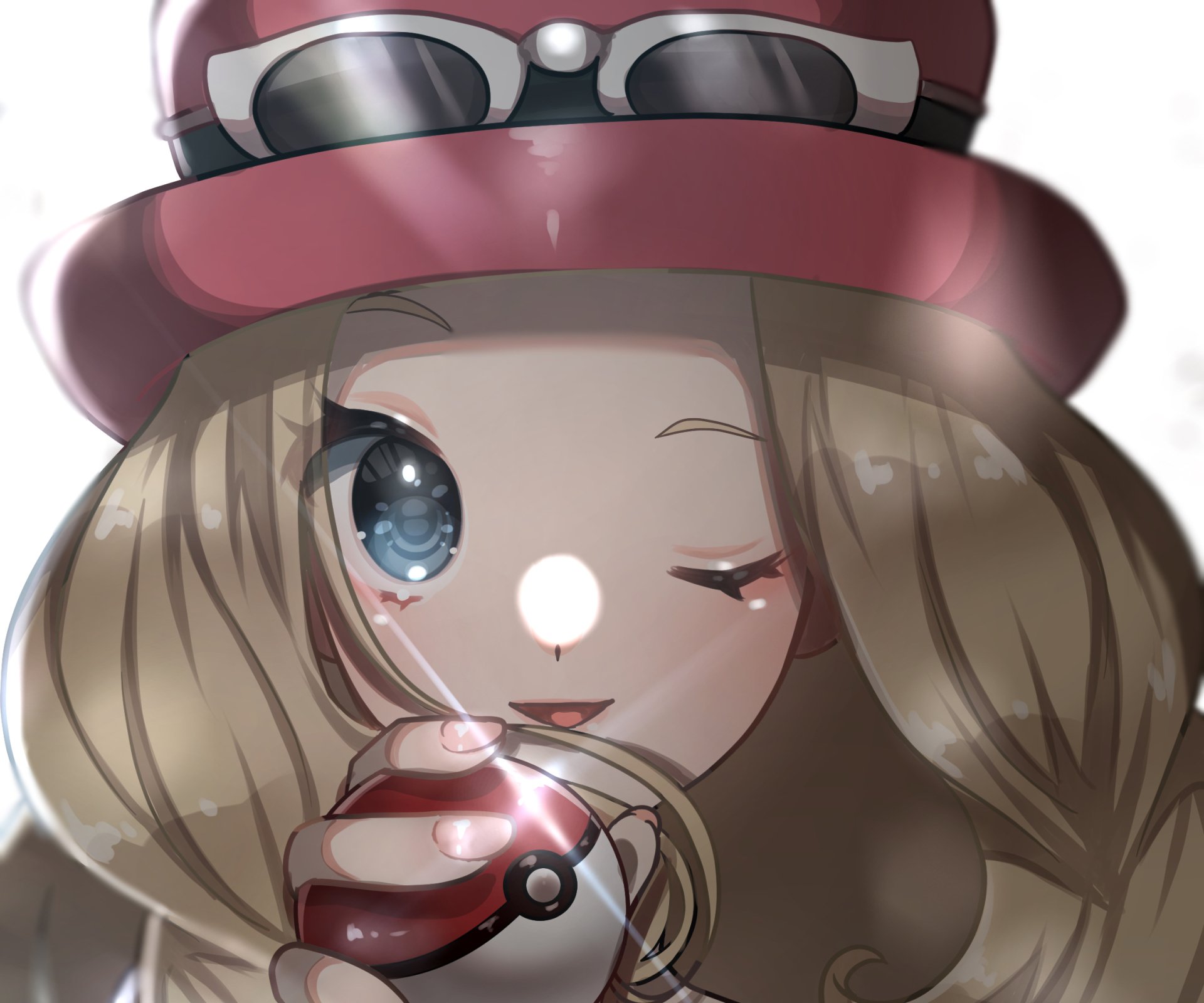 HD PC desktop wallpaper featuring Serena from the Pokémon X and Y video game series, showing a close-up of her winking with a playful expression.