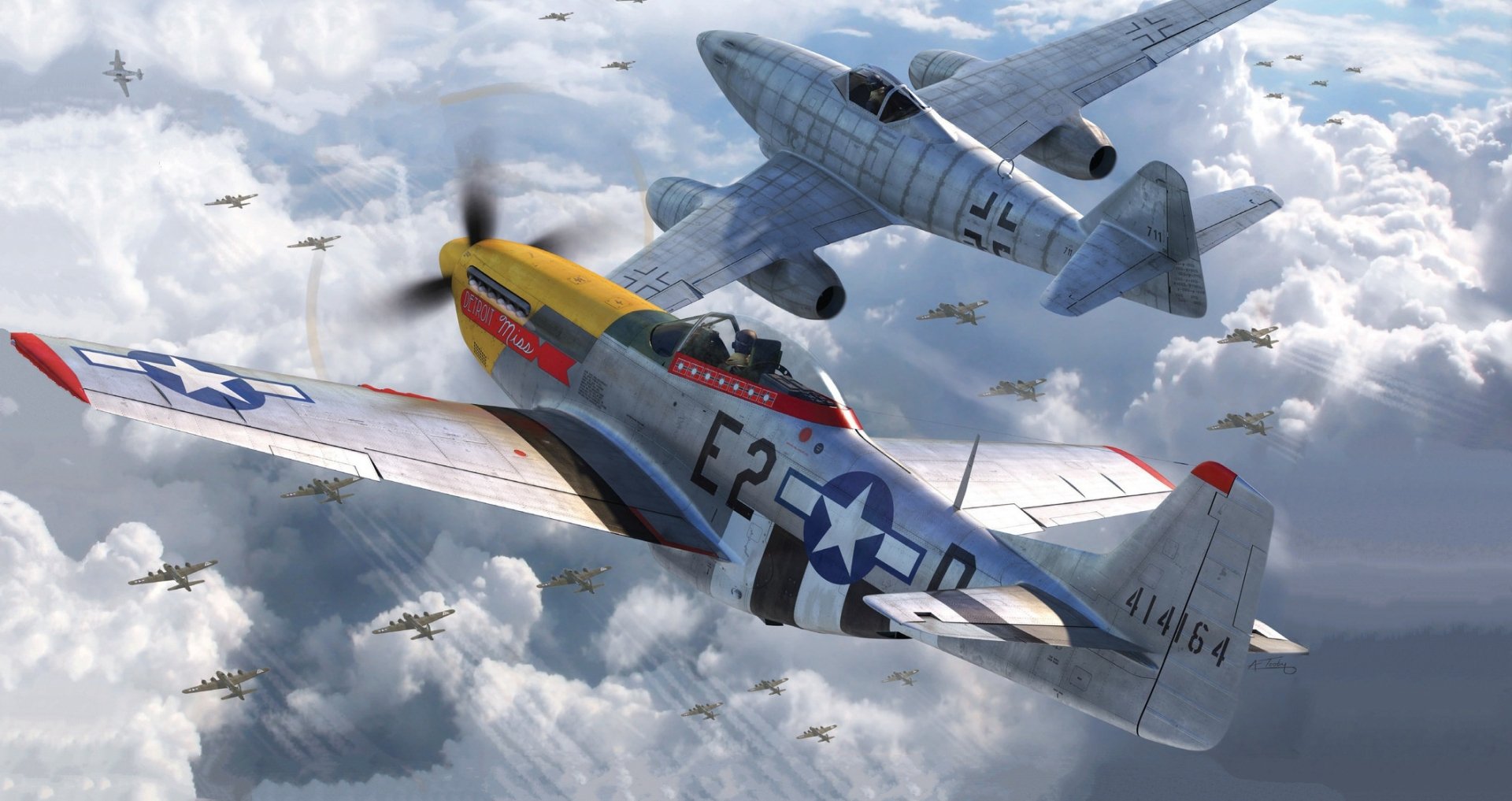 HD desktop wallpaper featuring a dramatic aerial scene with a North American P-51 Mustang fighter plane in combat alongside another military aircraft above the clouds.