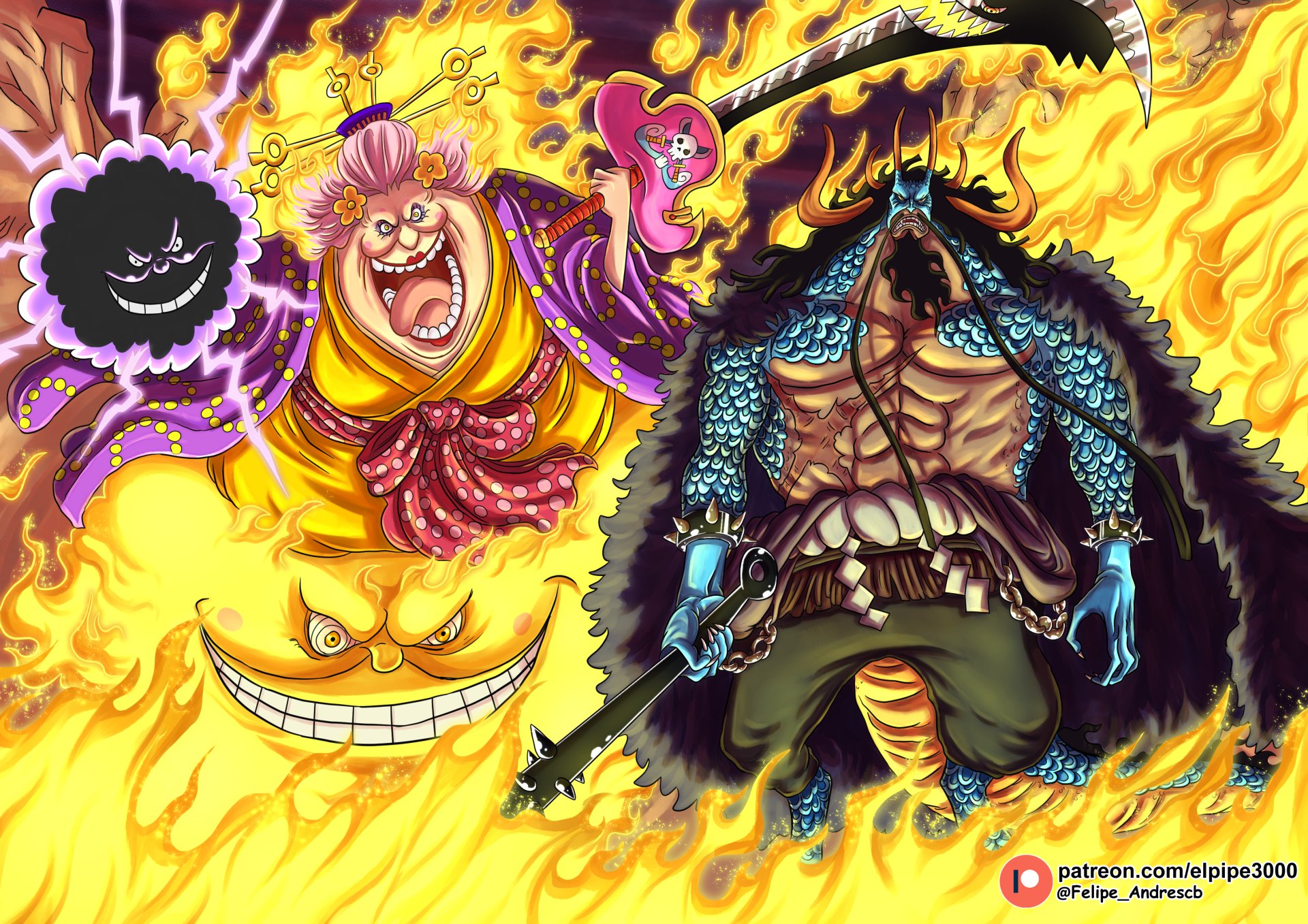 HD PC desktop wallpaper featuring Charlotte Linlin and Kaido from the anime One Piece, surrounded by dynamic flames and vibrant colors.