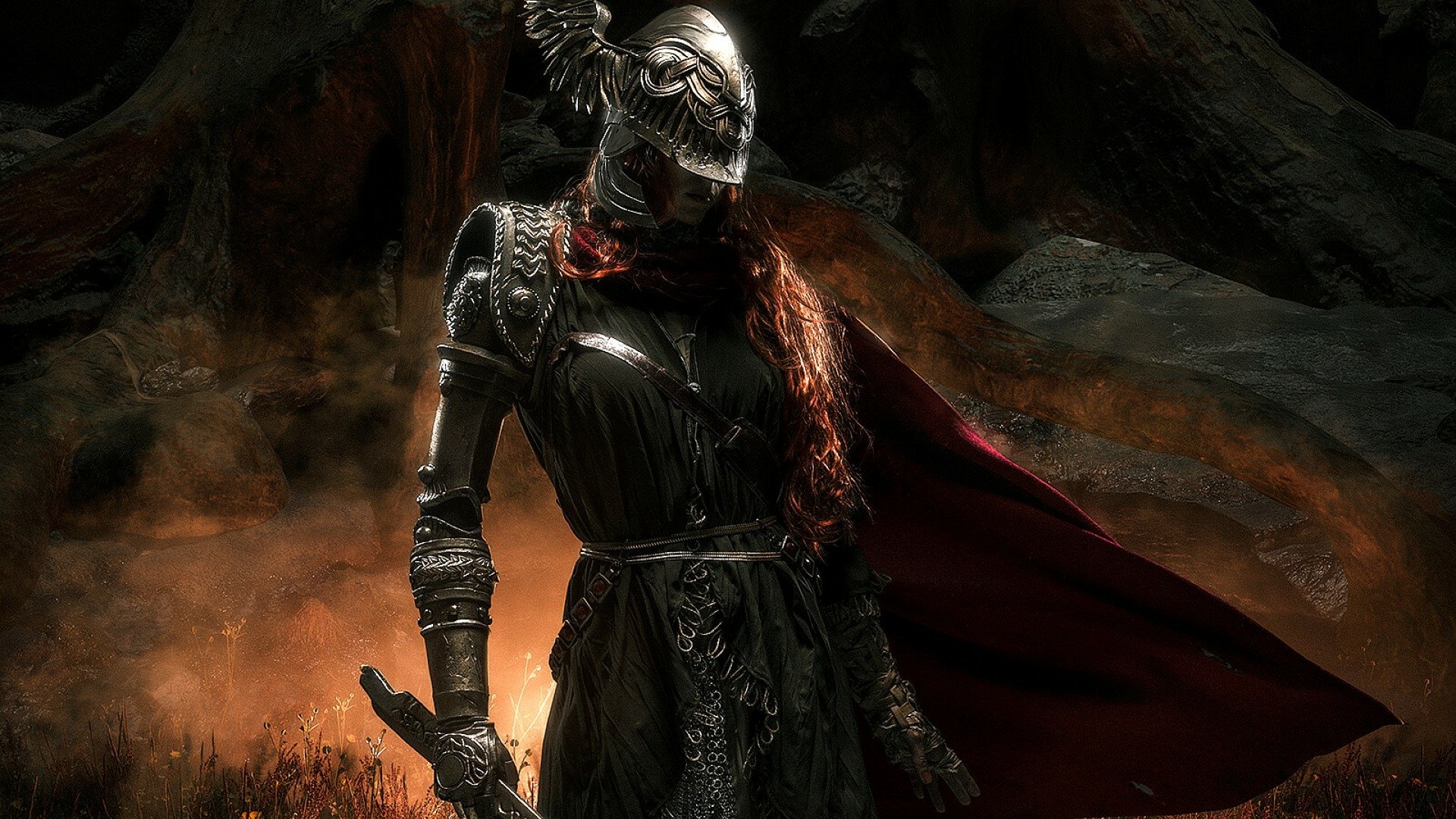 HD PC desktop wallpaper featuring Malenia Blade of Miquella from the video game Elden Ring, showcasing her armored figure and red flowing cape in a dark, atmospheric setting.