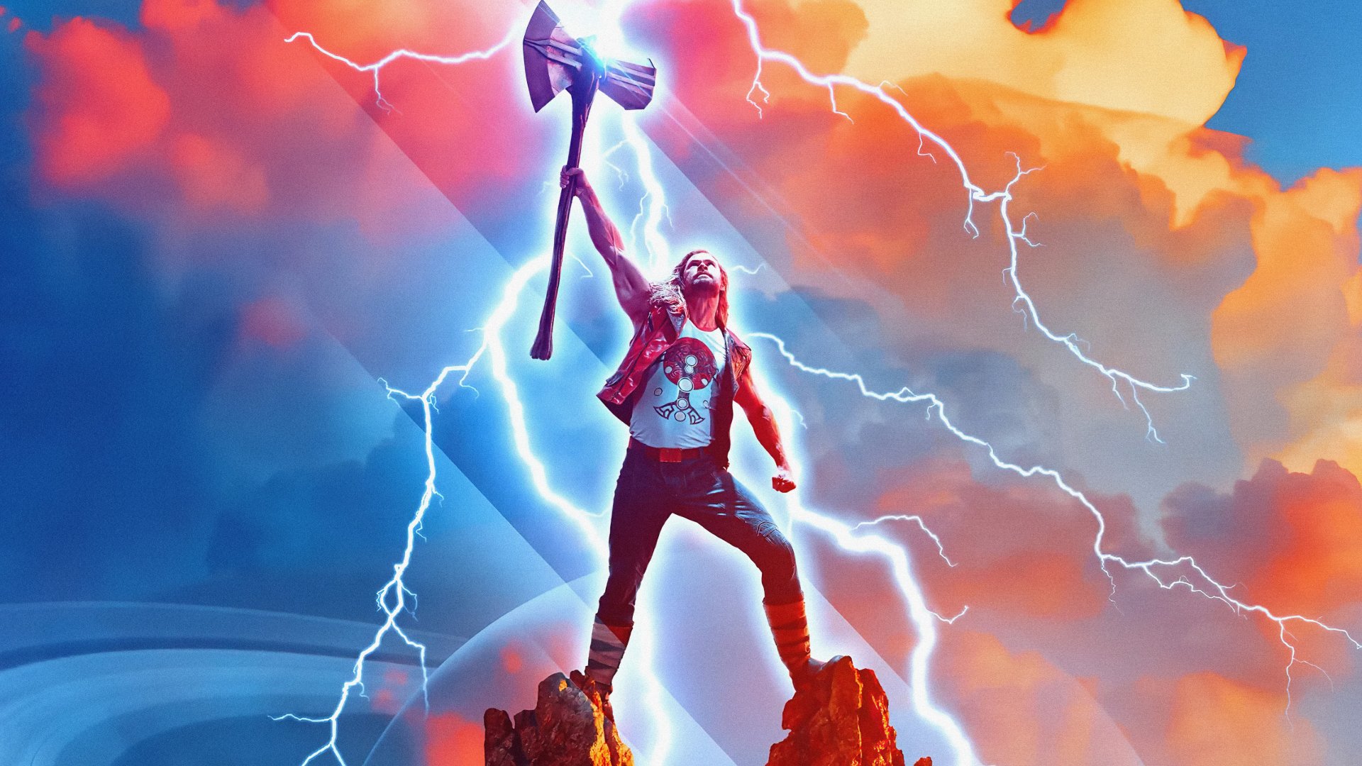 Chris Hemsworth as Thor in Thor: Love and Thunder, holding Stormbreaker amid lightning, featured in an 8K Ultra HD PC desktop wallpaper.