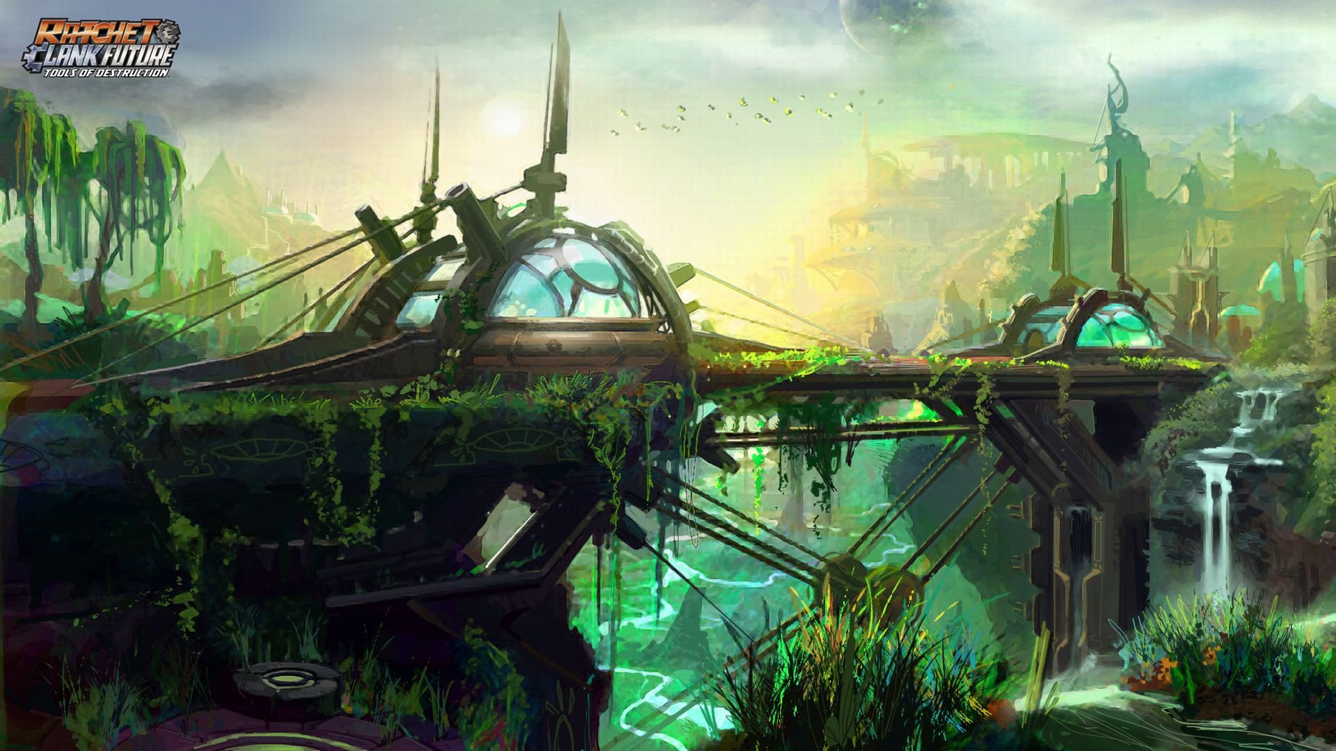 HD sci-fi cityscape with futuristic dome structures entwined with lush greenery, blending advanced technology and nature in a vibrant, imaginative desktop wallpaper background.
