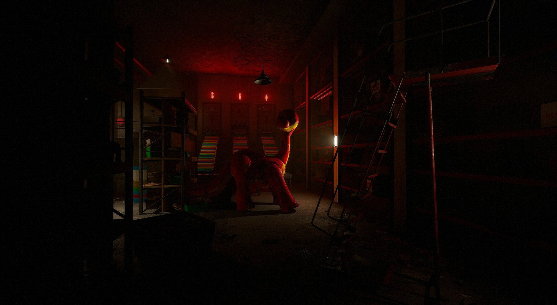 HD PC desktop wallpaper featuring a dark, eerie scene from the video game Poppy Playtime, highlighting a dimly lit, creepy environment with intense red lighting.