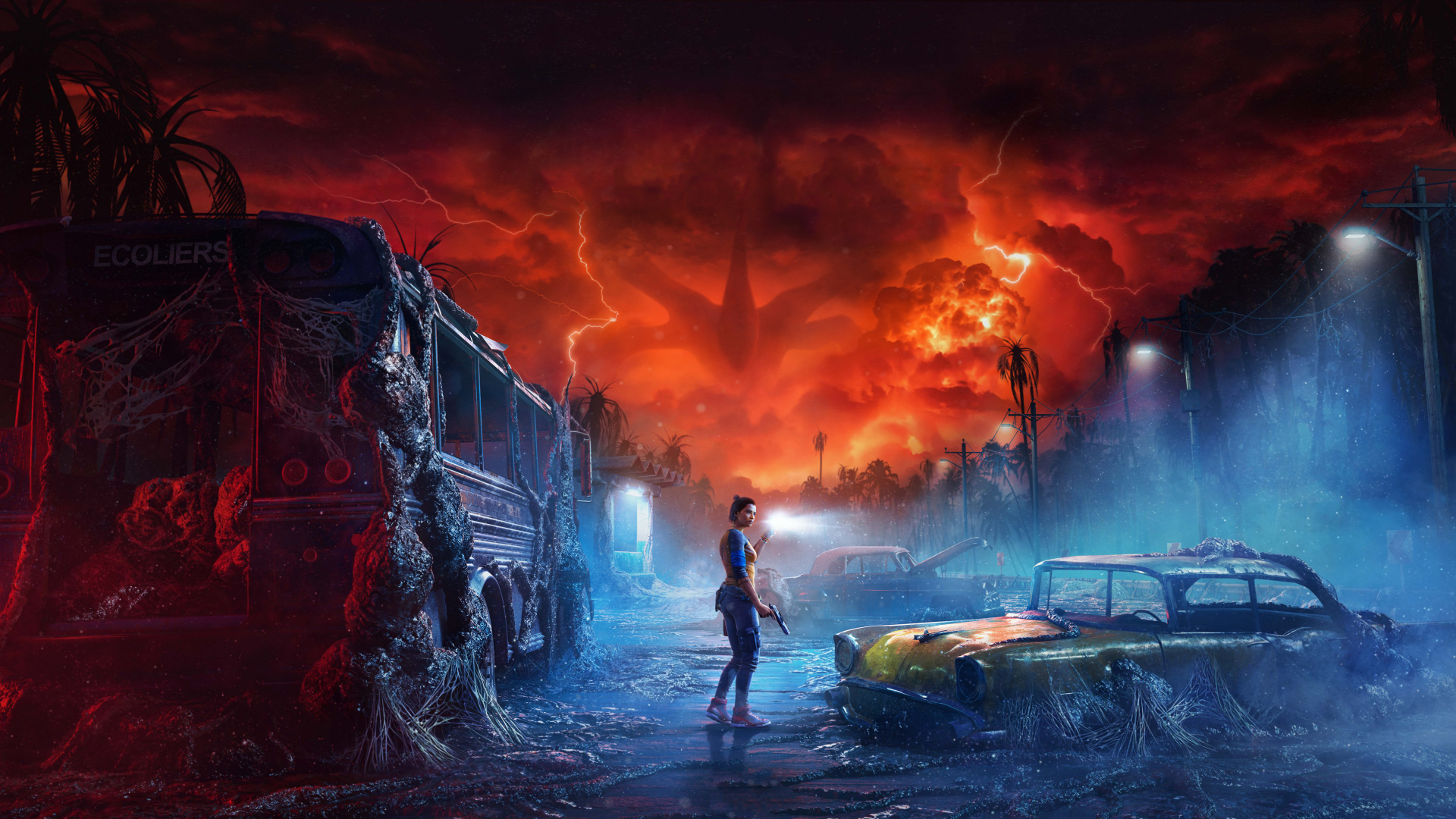 Far Cry 6 4K Ultra HD PC desktop wallpaper and background: lone fighter amid ruined buses and cars facing a blood-red, lightning-filled sky with an ominous shadowed emblem.