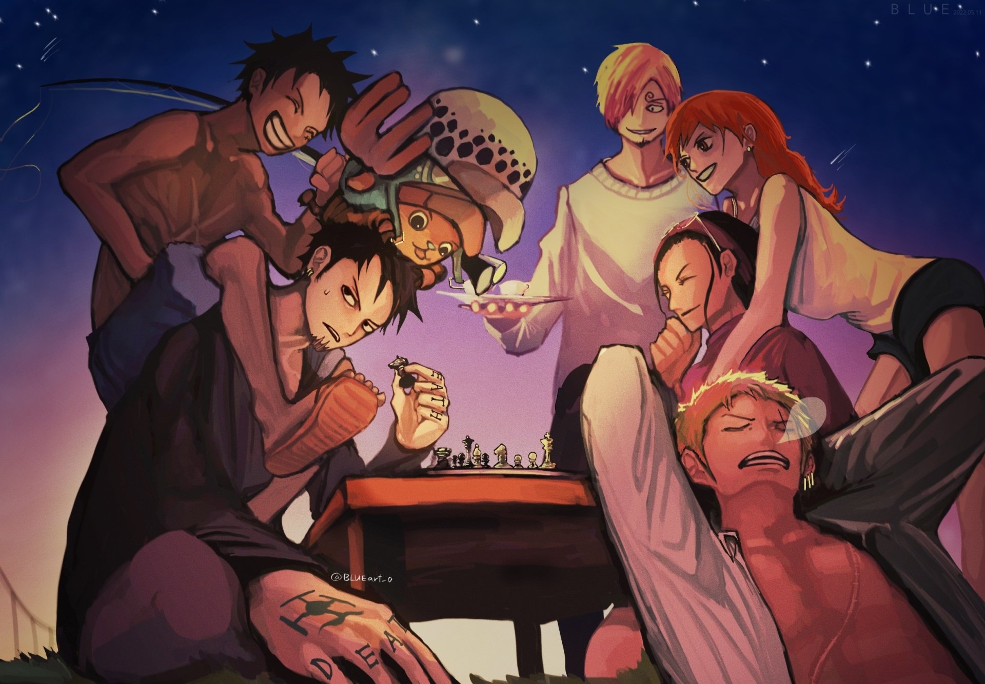 HD PC desktop wallpaper of One Piece anime: Trafalgar Law and Roronoa Zoro with Luffy, Sanji, Nami and friends crowded around a chessboard under a starry night.
