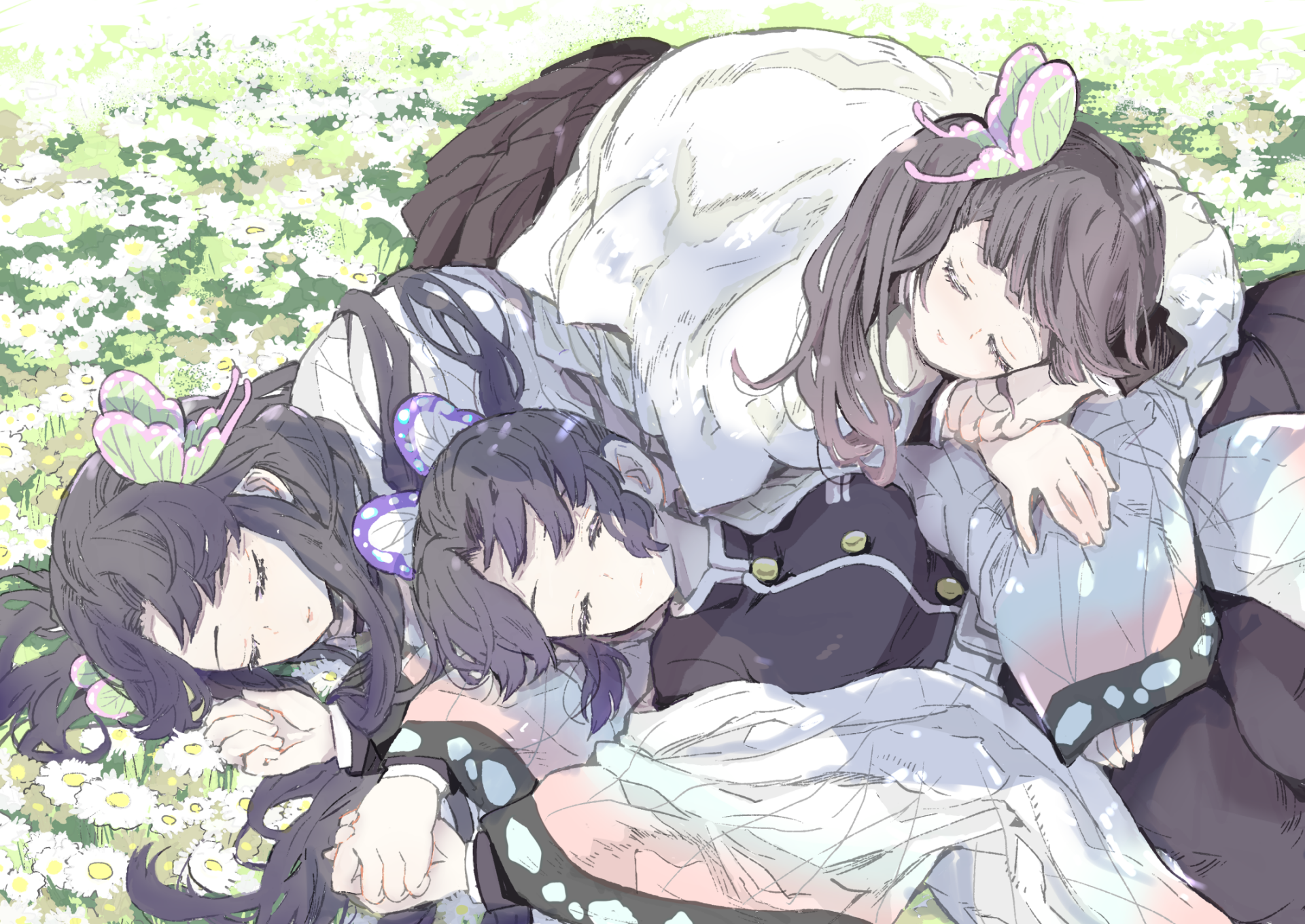HD anime desktop wallpaper featuring Kanao Tsuyuri, Shinobu Kochou, and Kanae Kocho from Demon Slayer: Kimetsu no Yaiba resting peacefully amid flowers.