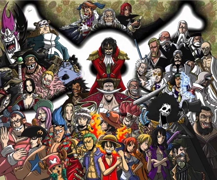 Anime One Piece HD desktop wallpaper featuring numerous iconic characters from the series, intricately arranged against a vivid background.