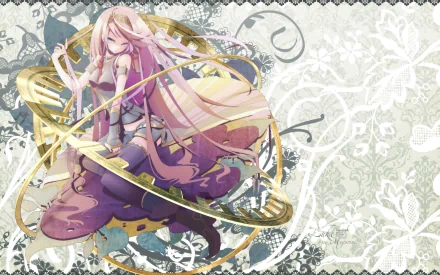 HD PC desktop wallpaper featuring Luka Megurine, the anime-style Vocaloid character, surrounded by golden rings and a floral patterned background.