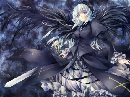 Suigintou from Rozen Maiden stands confidently, showcasing her intricate black and white attire, with wings and a sword, set against a dramatic dark background. An engaging anime wallpaper.