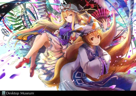 HD desktop wallpaper featuring Yukari Yakumo and Ran Yakumo from the anime Touhou, showcasing vibrant colors and dynamic poses in a fantastical setting.