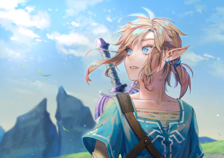 HD desktop wallpaper featuring Link from The Legend of Zelda, set against a bright sky with distant mountains, capturing the game's adventurous spirit.