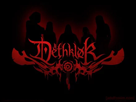 HD PC desktop wallpaper featuring the silhouette of Dethklok band members with their logo in bold red against a black background, capturing a dark music theme.