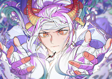 HD anime desktop wallpaper featuring Yamato from One Piece with intense orange eyes, white hair, and distinct red horns in a dynamic close-up pose.