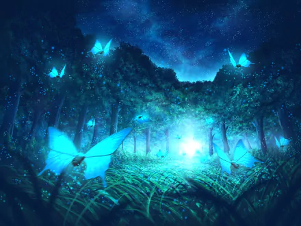 An anime-style HD desktop wallpaper depicting glowing blue butterflies fluttering through a mystical forest at night under a starry sky.
